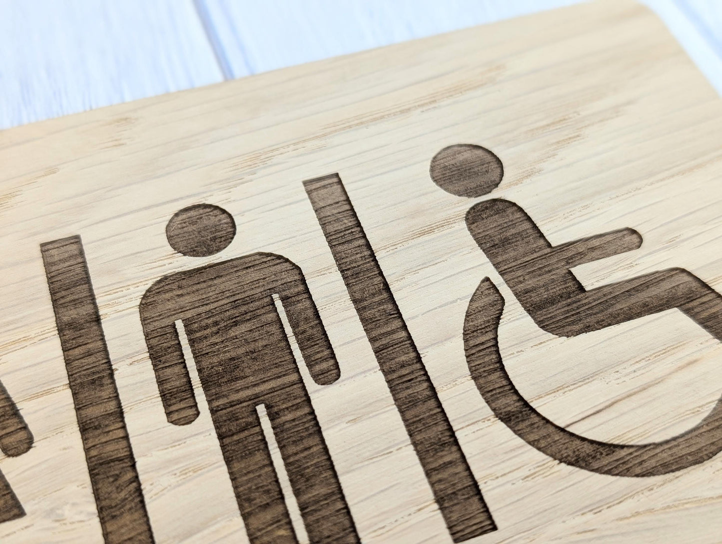 Wooden Toilet Sign Male Female Accessible | Engraved Oak | Bathroom Door Plaque in 4 Sizes | Oak Veneered Restroom Sign for Home or Business