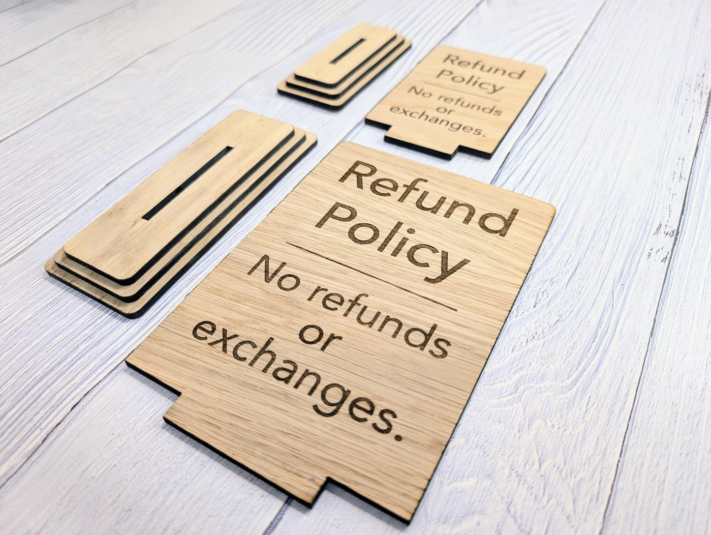 Wooden Freestanding Table Sign 'Refund Policy' - Perfect for Shops, Cafés, Markets – Available in Two Sizes - Removable Base, Shop Signage