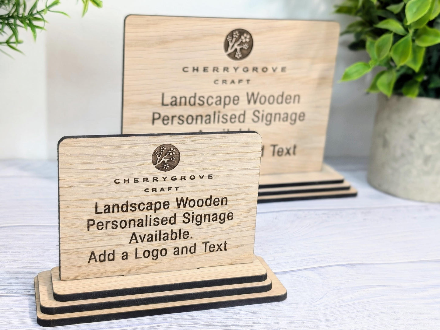 Personalised Wooden Table Signs - Custom Text, Logo, Freestanding, Removable Base, Two Sizes, Conference, Wedding, Retail, AirBnB Signage