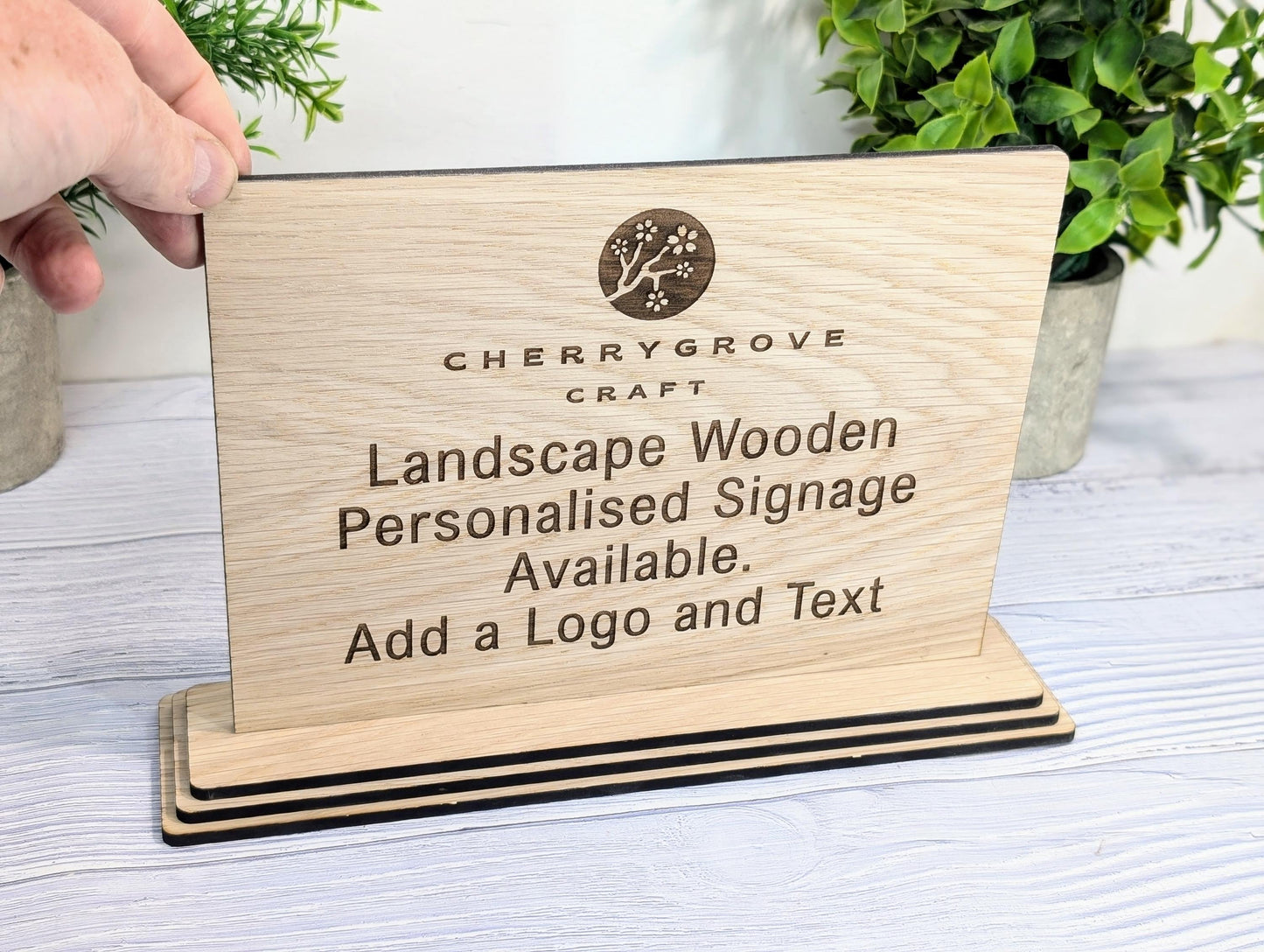 Personalised Wooden Table Signs XL - Custom Text, Logo, Freestanding, Removable Base, Two Sizes, Conference, Wedding, Retail, AirBnB Signage