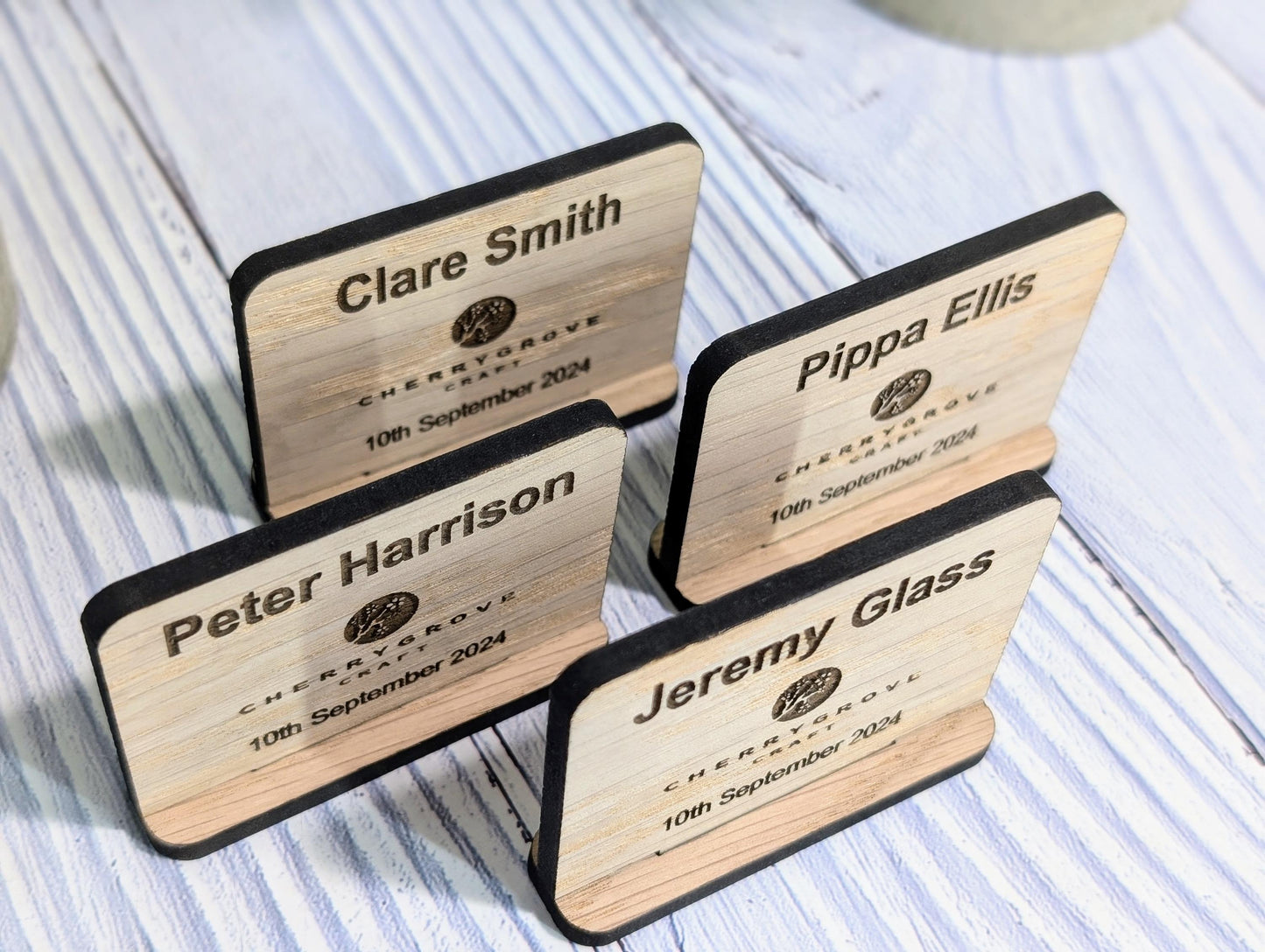 Wooden Name Place Cards, Personalised | Corporate & Charity Events | Freestanding Custom Signs with Logo | Sustainable Oak Veneer Decor