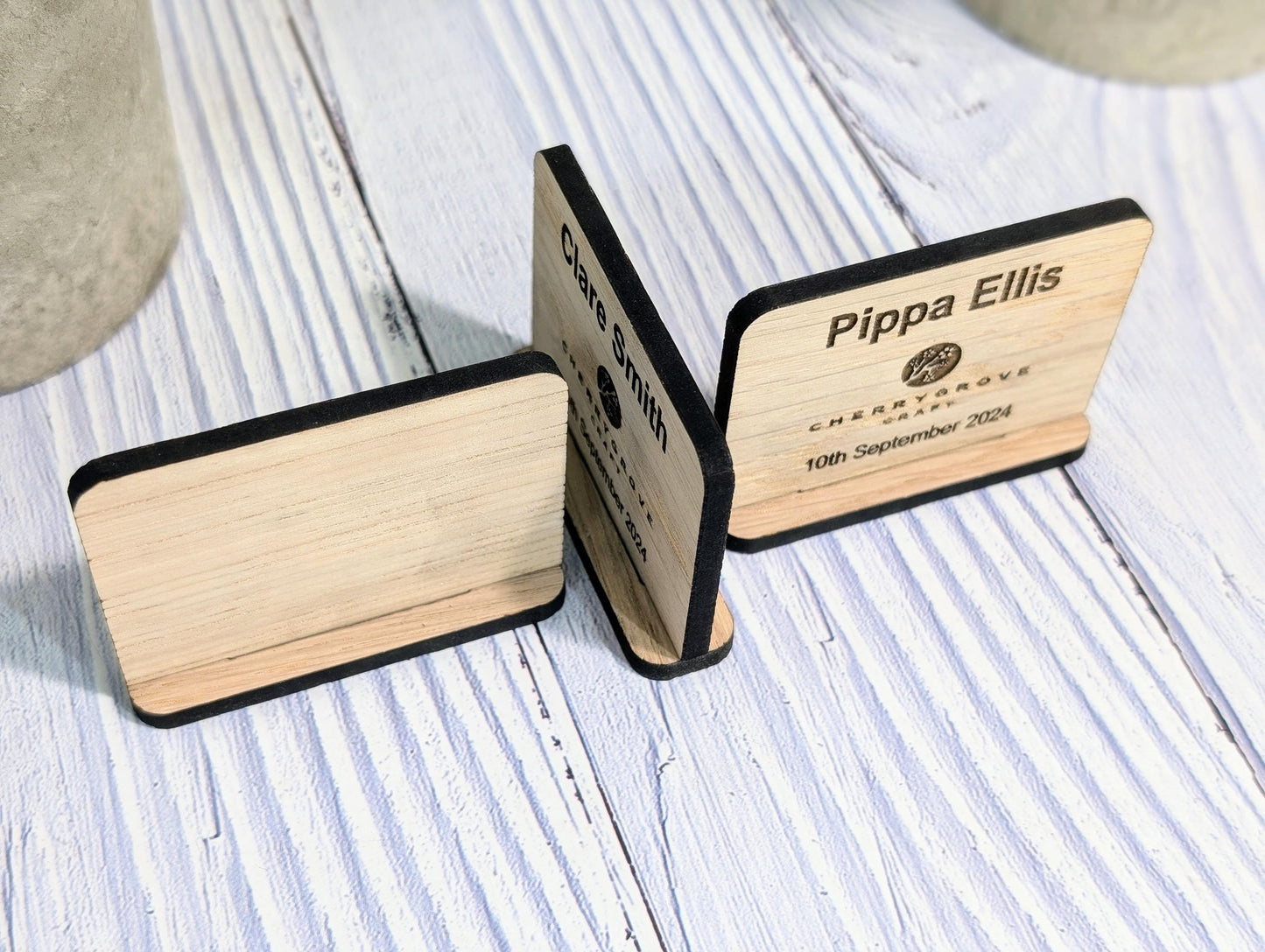 Wooden Name Place Cards, Personalised | Corporate & Charity Events | Freestanding Custom Signs with Logo | Sustainable Oak Veneer Decor