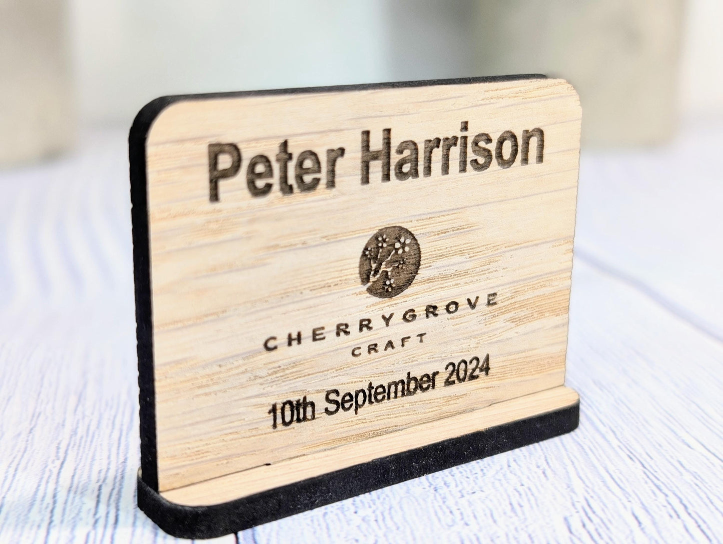 Wooden Name Place Cards, Personalised | Corporate & Charity Events | Freestanding Custom Signs with Logo | Sustainable Oak Veneer Decor