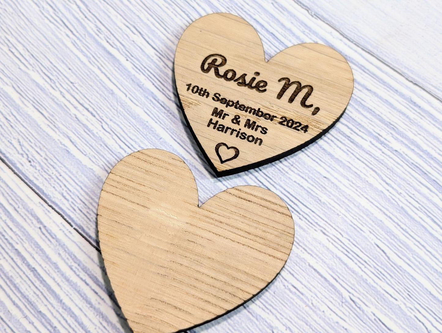 Wooden Wedding Favours, Heart Shaped | Personalised Place Names | Custom Guest Name, Date | Eco-Friendly Oak Veneer Wood Keepsakes | 2 Sizes