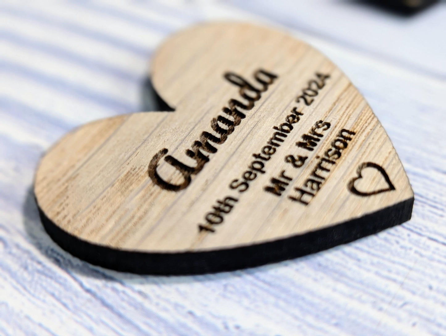 Wooden Wedding Favours, Heart Shaped | Personalised Place Names | Custom Guest Name, Date | Eco-Friendly Oak Veneer Wood Keepsakes | 2 Sizes