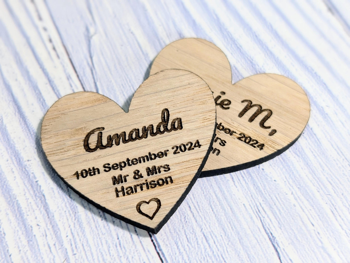 Wooden Wedding Favours, Heart Shaped | Personalised Place Names | Custom Guest Name, Date | Eco-Friendly Oak Veneer Wood Keepsakes | 2 Sizes