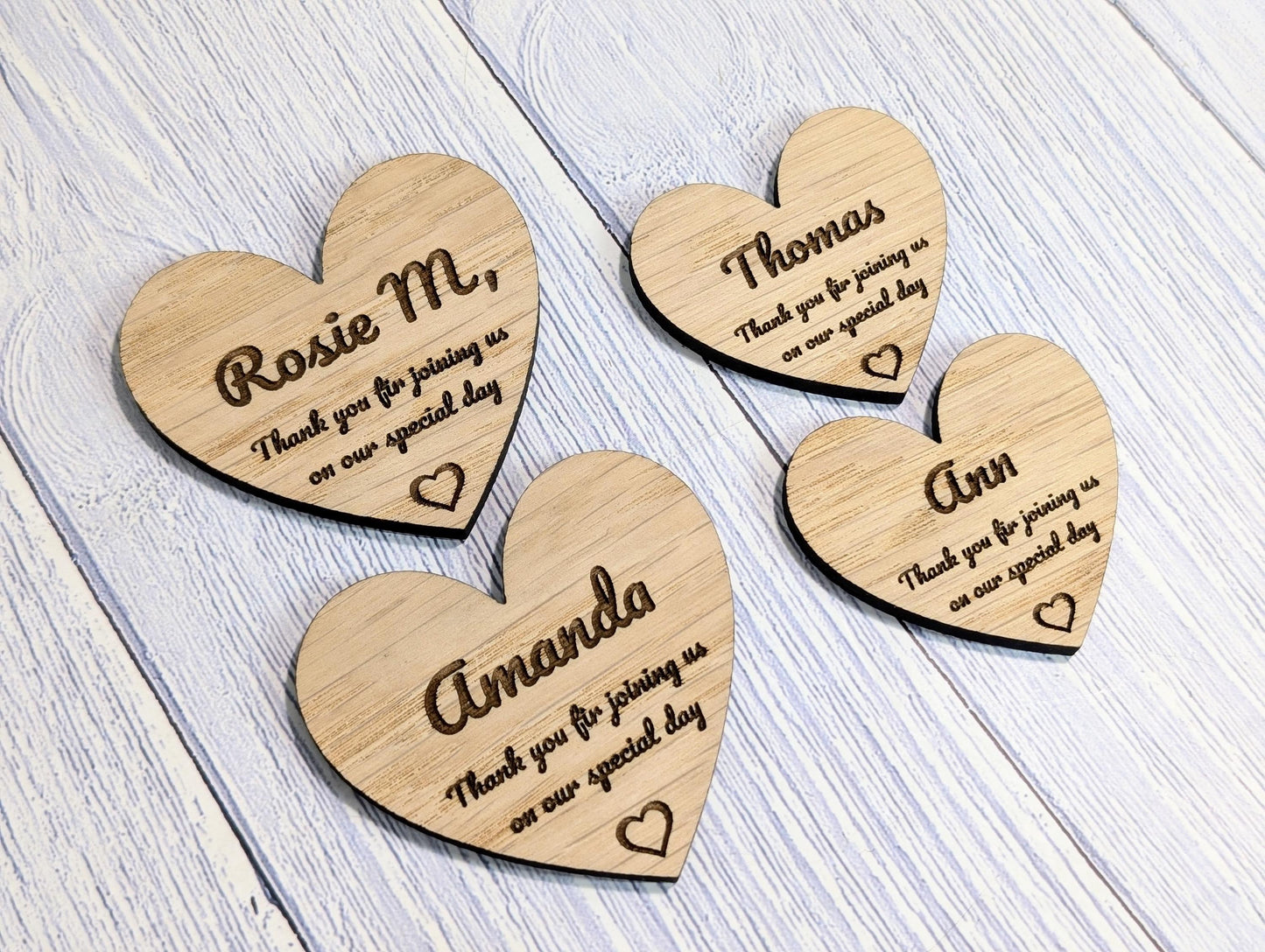 Wooden Heart Shaped Wedding Favours | 2 Sizes | Personalised Place Names | Custom Guest Name, Date | Eco-Friendly Oak Veneer Wood Keepsakes