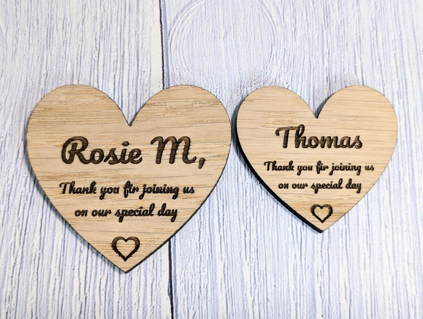 Wooden Heart Shaped Wedding Favours | 2 Sizes | Personalised Place Names | Custom Guest Name, Date | Eco-Friendly Oak Veneer Wood Keepsakes