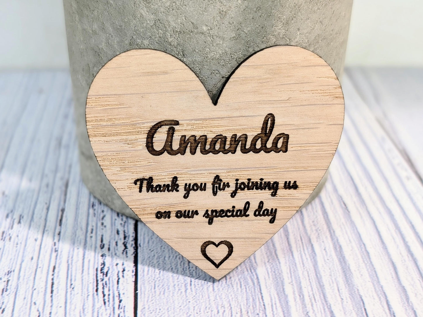 Wooden Heart Shaped Wedding Favours | 2 Sizes | Personalised Place Names | Custom Guest Name, Date | Eco-Friendly Oak Veneer Wood Keepsakes