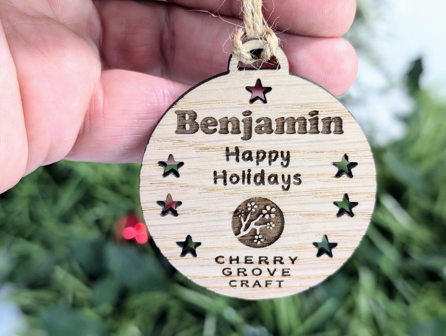 Branded Christmas bauble for business — company logo engraved on oak, 10cm