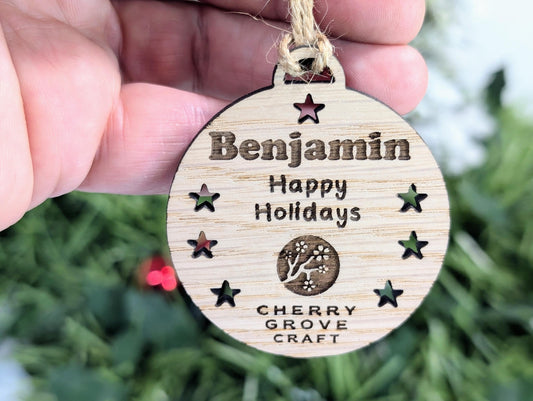 Personalised Christmas Baubles for Businesses | Engraved Oak Veneer Decorations | Custom Bulk Orders for Employees or Clients