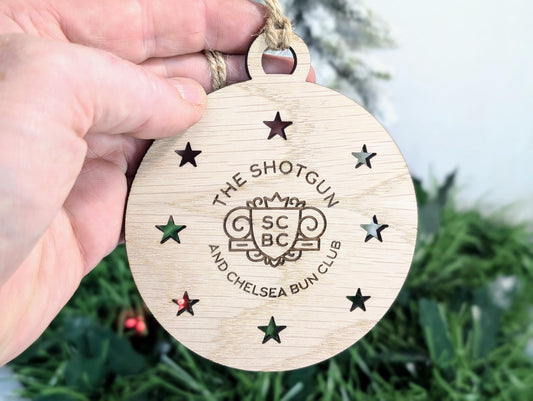 Personalised Christmas Bauble Decoration with Logo | Oak Veneer Custom Corporate Ornaments | Bulk Packs for Business Gifts | Wood Decor