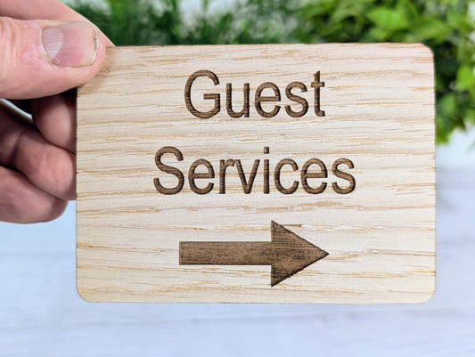 Wooden "Guest Services" Sign with Optional Arrow | Engraved Oak | For Hotels & Businesses | 4 Sizes | Personalised Text Available