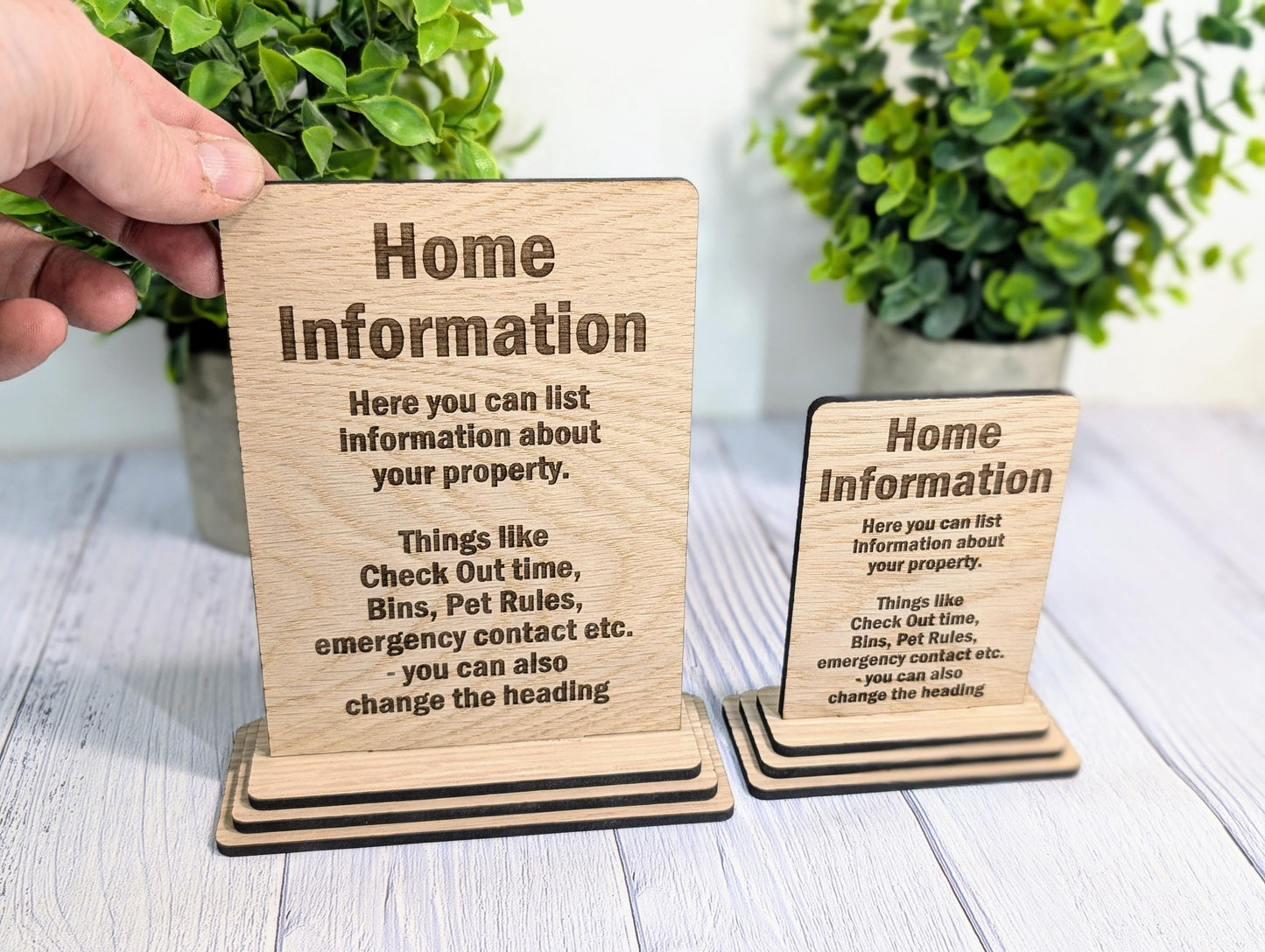 Personalised Wooden Home Information Sign – Perfect for Rental Properties, Holiday Homes, B&Bs | Wood Table Signage | Custom, Two Sizes