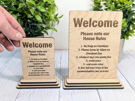 Personalised Wooden House Rules Sign – Perfect for Your Home, Rental Properties, Holiday Homes, B&Bs | Wood Table Signage | Two Sizes