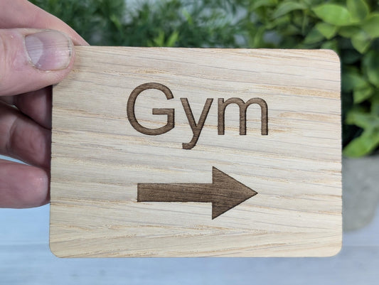 Wooden "Gym" Sign with Optional Arrow | Engraved Oak | For Home, Hotels, Fitness Clubs, Hospitality | 4 Sizes | Personalised Text Option