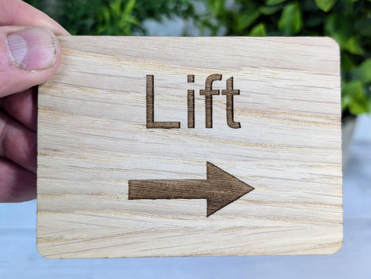 Wooden "Lift" Sign with Optional Arrow | Engraved Oak Elevator Signage | For Hotels & Businesses | 4 Sizes | Personalised Text Available