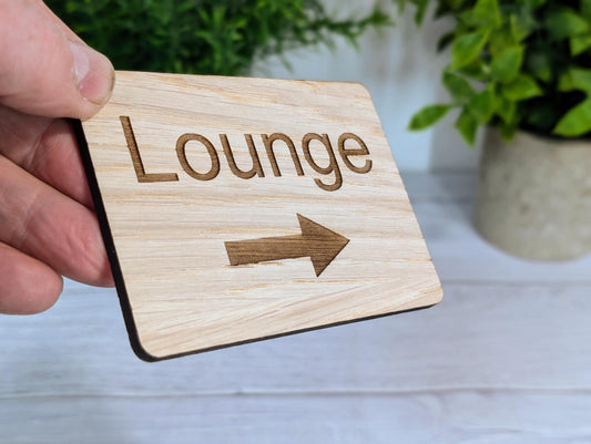 Wooden "Lounge" Sign with Optional Arrow | Engraved Oak | For Hotels & Businesses | 4 Sizes | Personalised Text Available