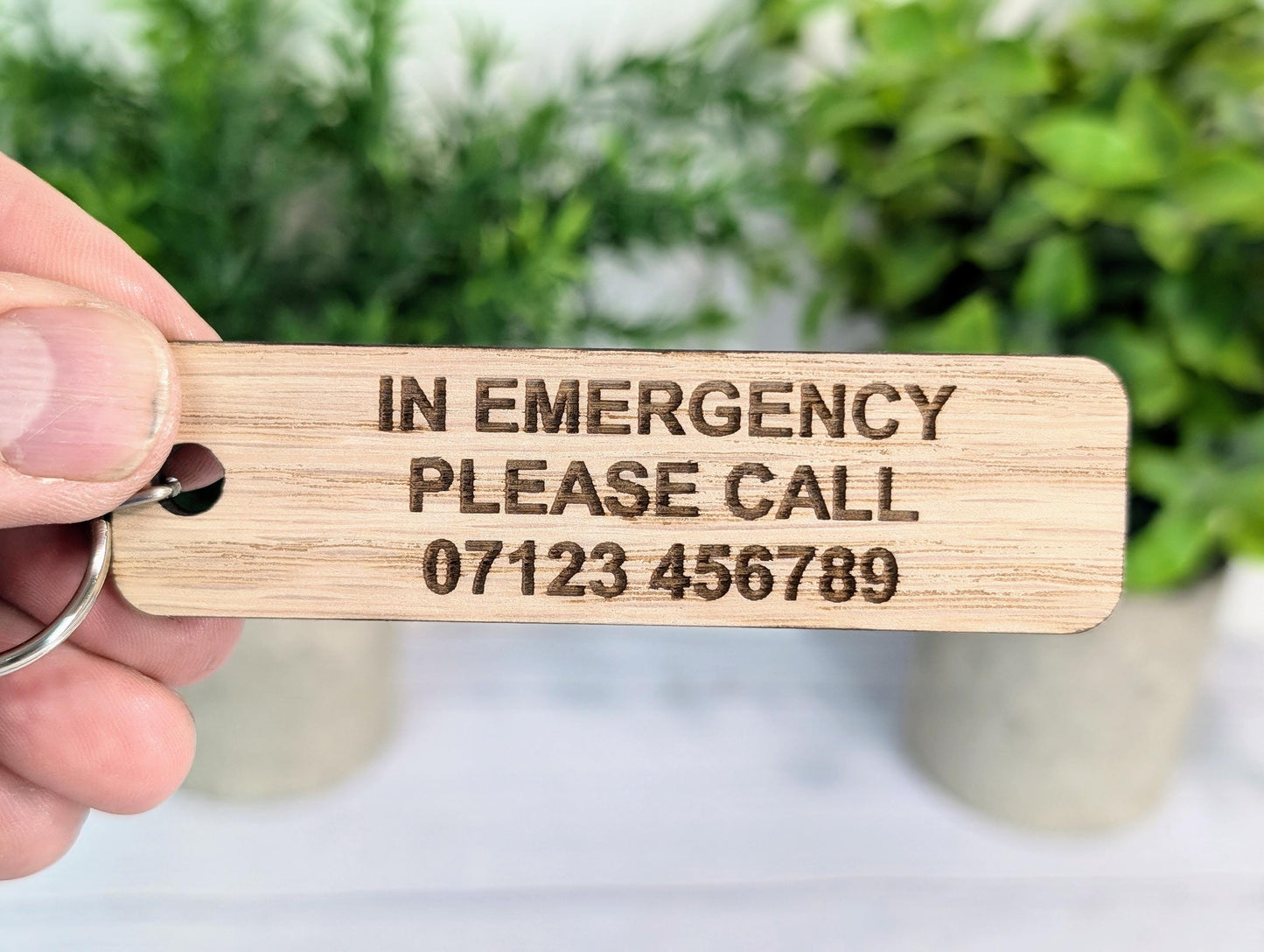 ICE Keyring - In Case of Emergency - Oak 90x25mm | Personalised with Your Phone Number | Eco-Friendly | Customisable Wooden Keyfob