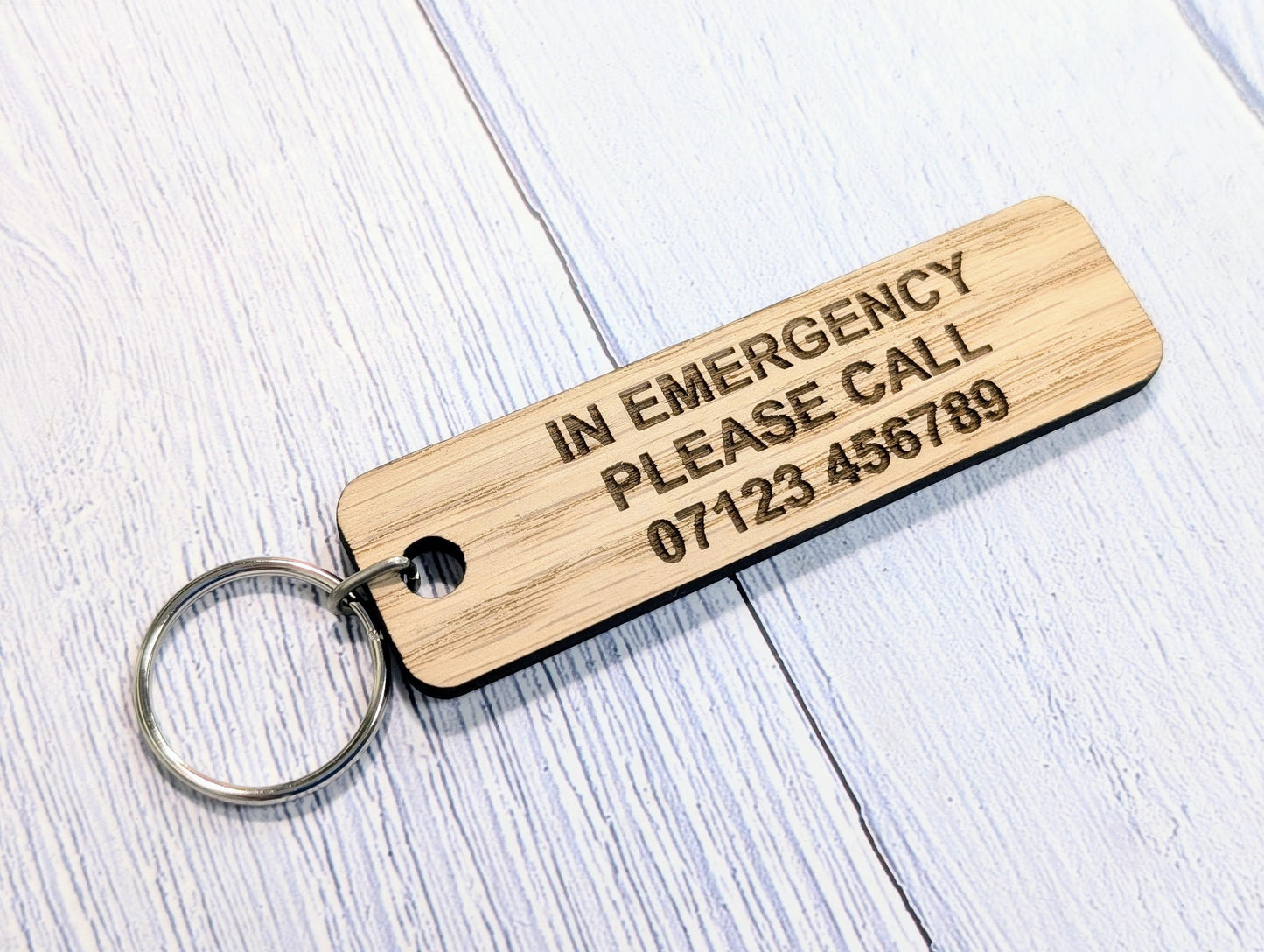 ICE Keyring - In Case of Emergency - Oak 90x25mm | Personalised with Your Phone Number | Eco-Friendly | Customisable Wooden Keyfob