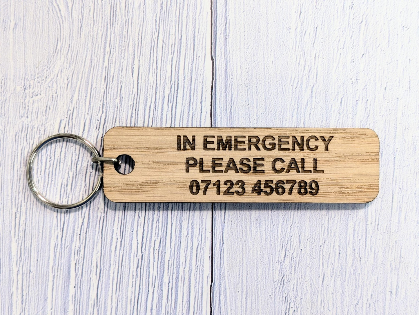 ICE Keyring - In Case of Emergency - Oak 90x25mm | Personalised with Your Phone Number | Eco-Friendly | Customisable Wooden Keyfob