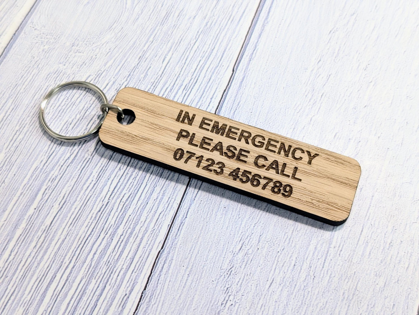 ICE Keyring - In Case of Emergency - Oak 90x25mm | Personalised with Your Phone Number | Eco-Friendly | Customisable Wooden Keyfob