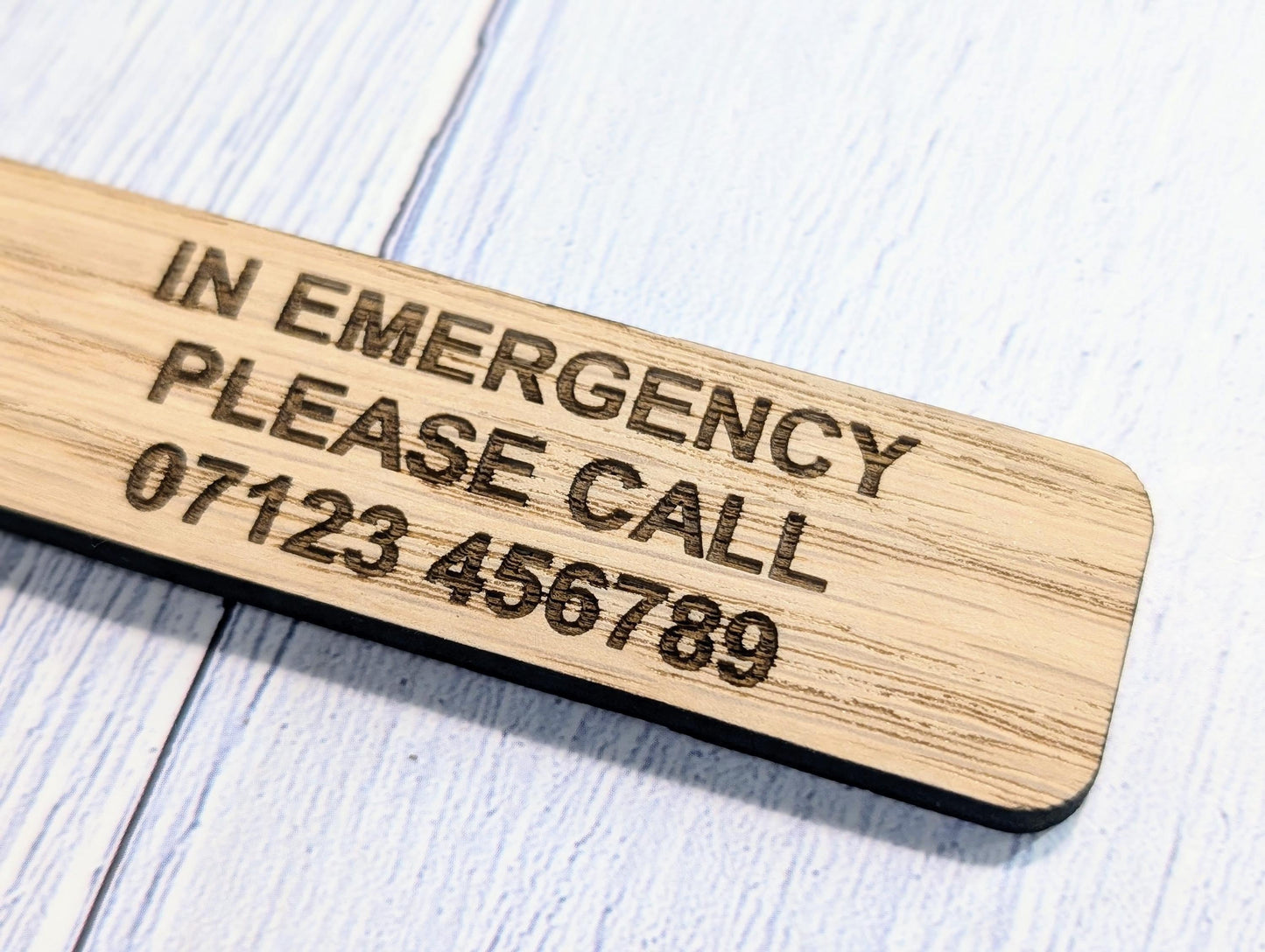 ICE Keyring - In Case of Emergency - Oak 90x25mm | Personalised with Your Phone Number | Eco-Friendly | Customisable Wooden Keyfob