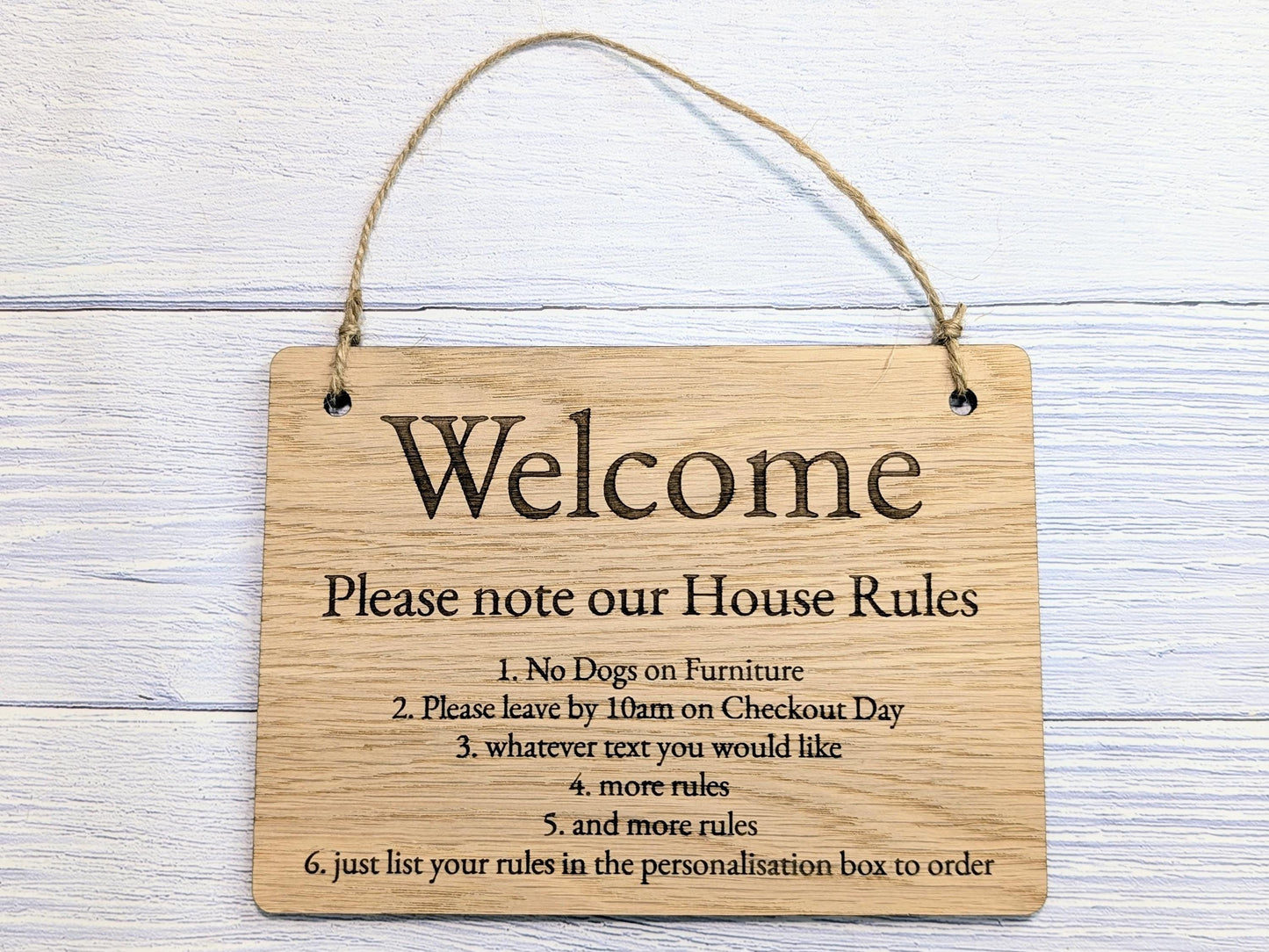 Welcome - Please Note Our House Rules Sign | Personalised Wooden Door Sign | Custom Airbnb & Home Rules | Oak Checkout, Pet, Bin Signage