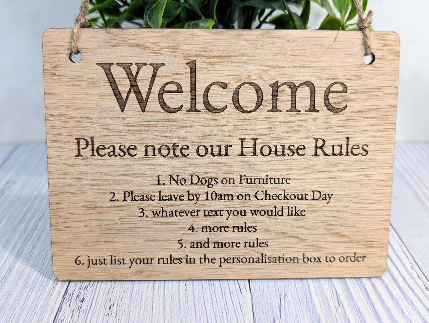 Welcome - Please Note Our House Rules Sign | Personalised Wooden Door Sign | Custom Airbnb & Home Rules | Oak Checkout, Pet, Bin Signage