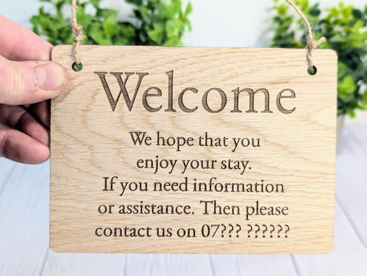 Welcome, We Hope You Enjoy Your Stay | Guest Contact Info Sign | Wooden Airbnb Key Safe Sign | Emergency Contact Details