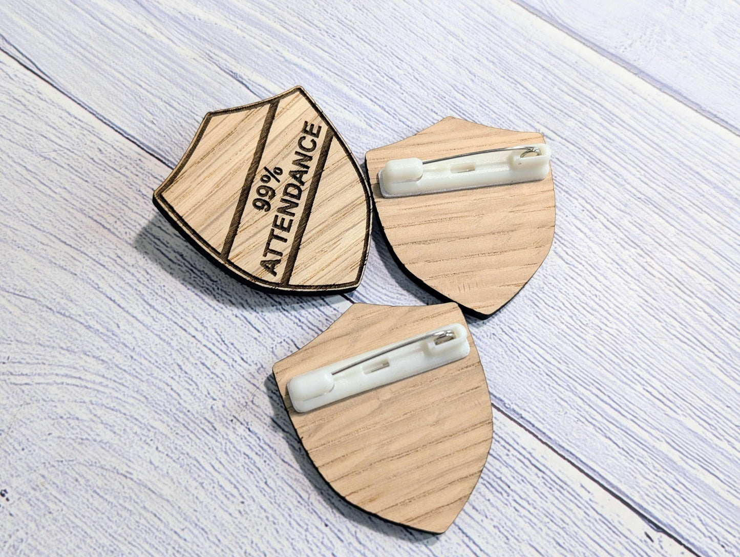 Small School Achievement Badges - 40x48mm - Oak Veneered MDF - Pin or Pin & Clip - Personalised or Pre-Designed Options for Students