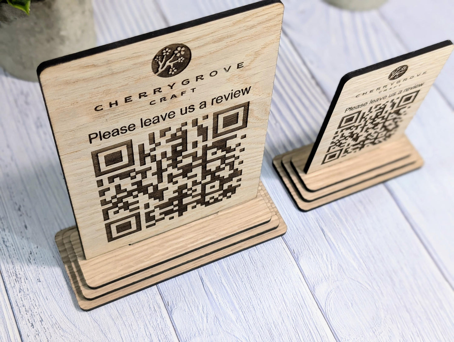 QR Code 'Leave us a review' Custom Wooden Table Sign, Personalised Logo & Link, Eco-Friendly, 2 Sizes | Google, Trustpilot, Tripadvisor etc