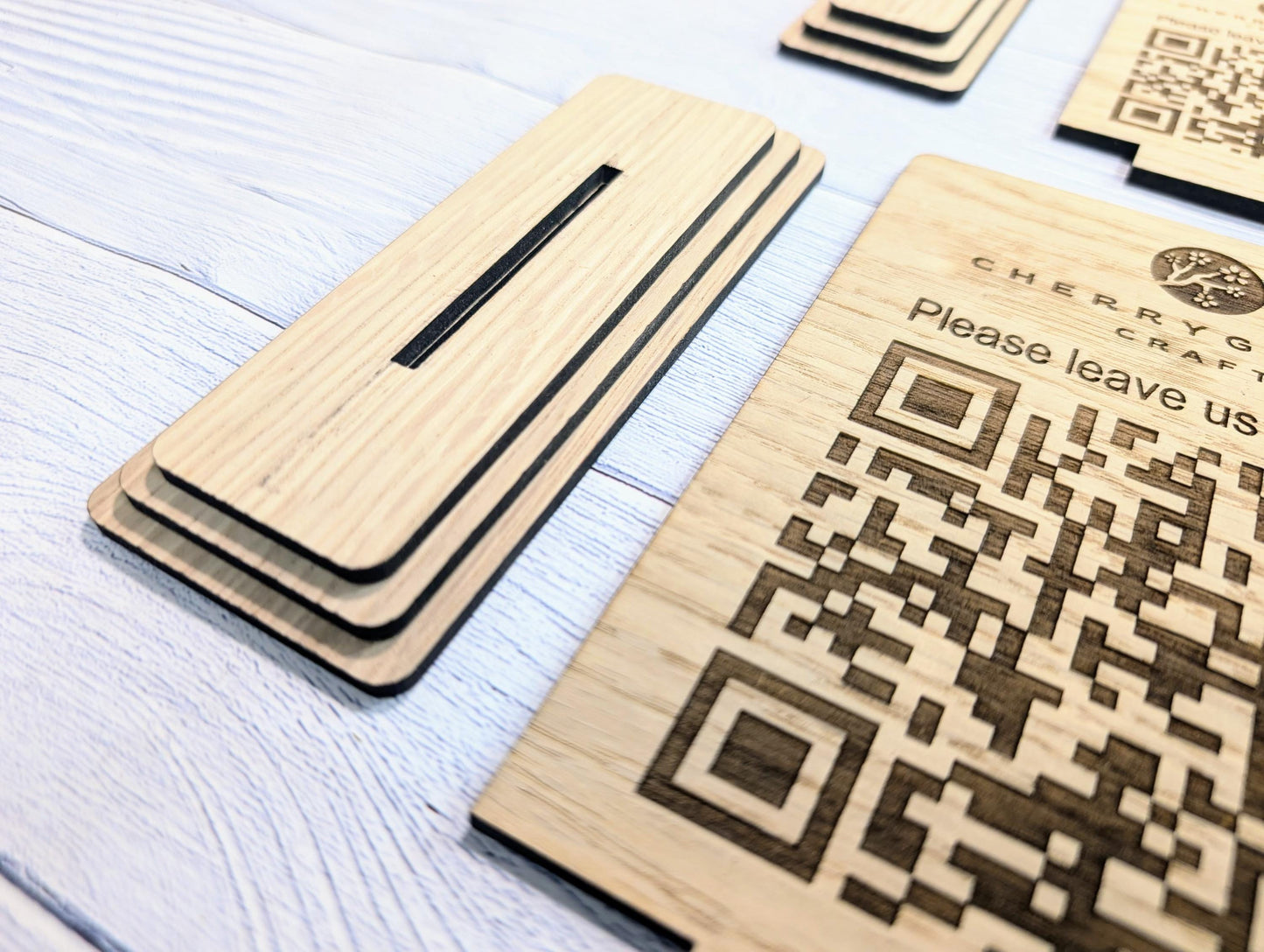 QR Code 'Leave us a review' Custom Wooden Table Sign, Personalised Logo & Link, Eco-Friendly, 2 Sizes | Google, Trustpilot, Tripadvisor etc