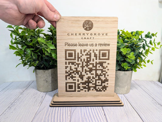 QR Code 'Leave us a review' Custom Wooden Table Sign, Personalised Logo & Link, Eco-Friendly, XL Size | Google, Trustpilot, Tripadvisor etc