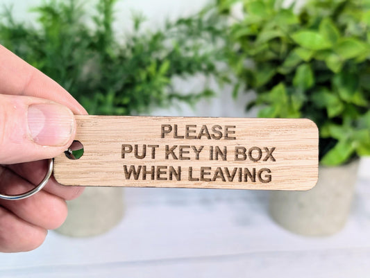 Please Put Key in Box When Leaving - Oak Keyring 90x25mm | Sustainable Wood | Handmade in Wales | Eco-Friendly Reminder | AirBnB Idea