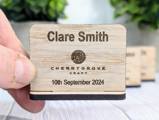 Wooden Name Place Cards, Personalised | Corporate & Charity Events | Freestanding Custom Signs with Logo | Sustainable Oak Veneer Decor