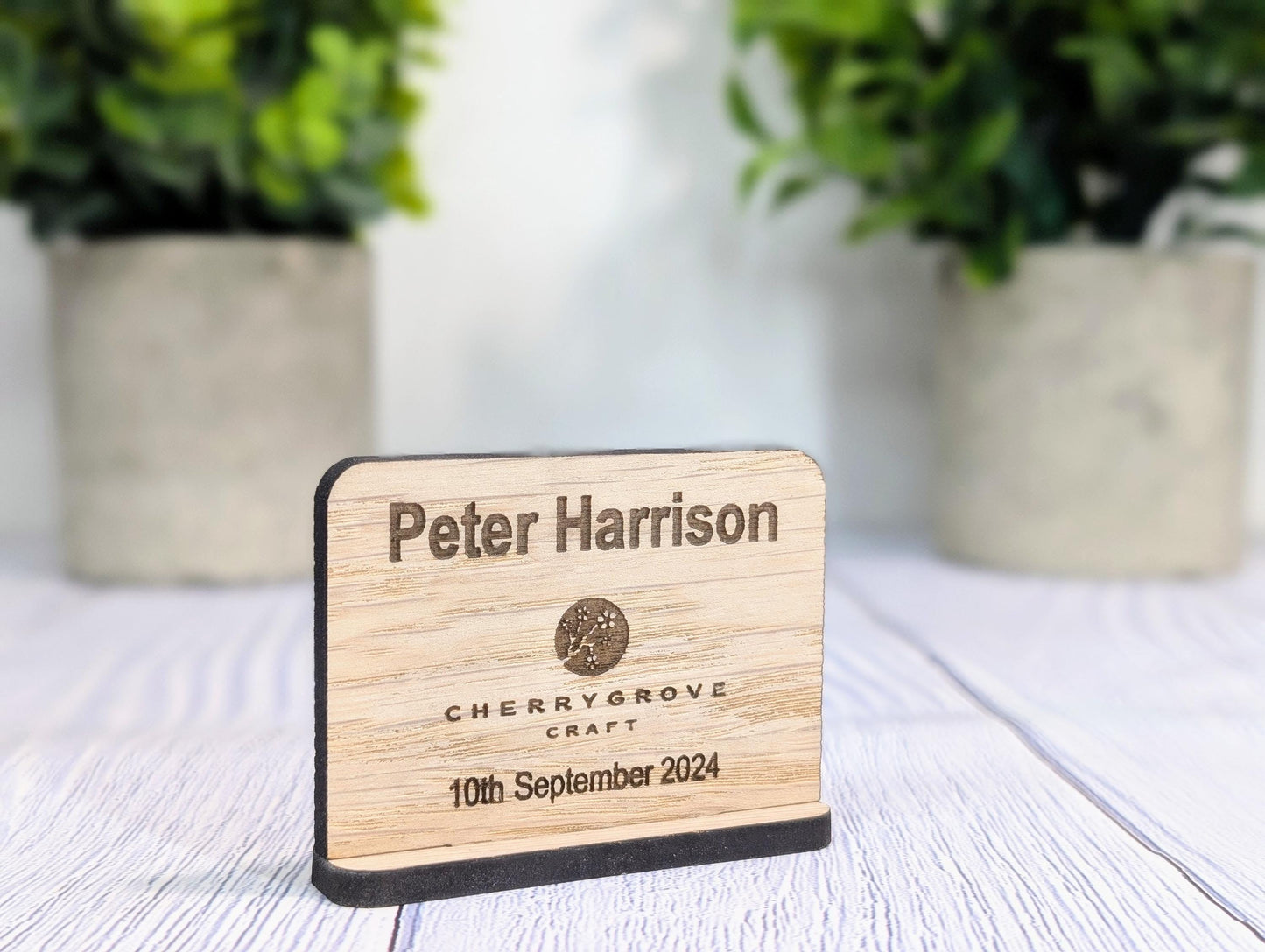 Wooden Name Place Cards, Personalised | Corporate & Charity Events | Freestanding Custom Signs with Logo | Sustainable Oak Veneer Decor