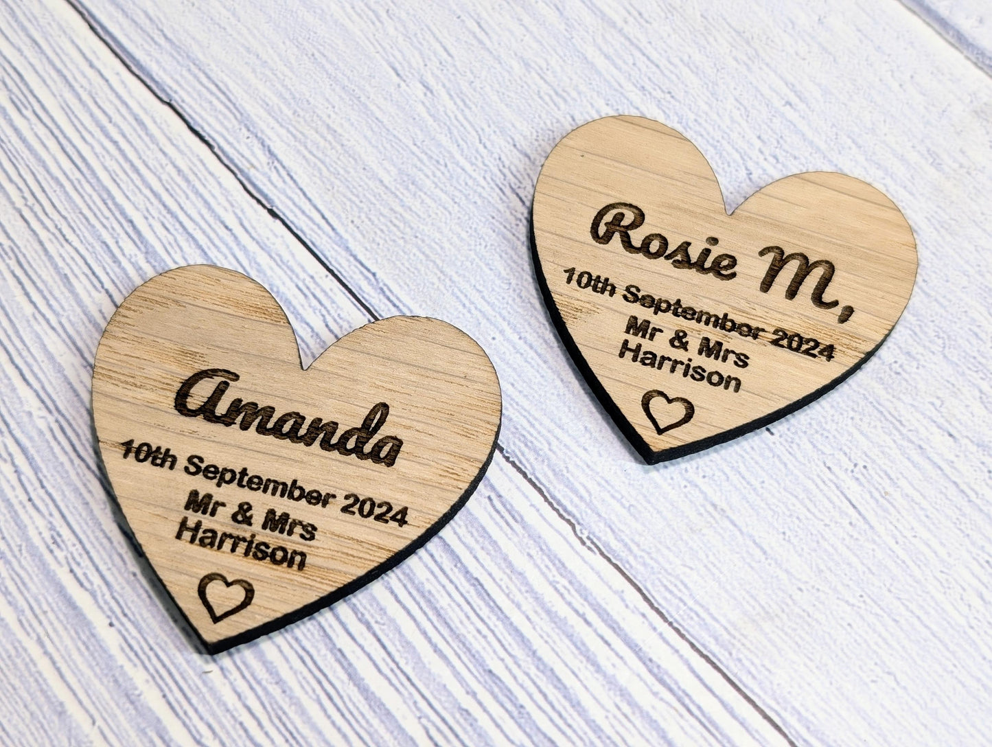 Wooden Wedding Favours, Heart Shaped | Personalised Place Names | Custom Guest Name, Date | Eco-Friendly Oak Veneer Wood Keepsakes | 2 Sizes