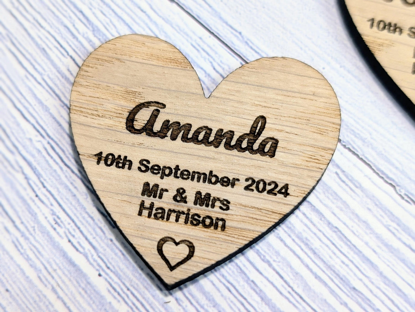 Wooden Wedding Favours, Heart Shaped | Personalised Place Names | Custom Guest Name, Date | Eco-Friendly Oak Veneer Wood Keepsakes | 2 Sizes