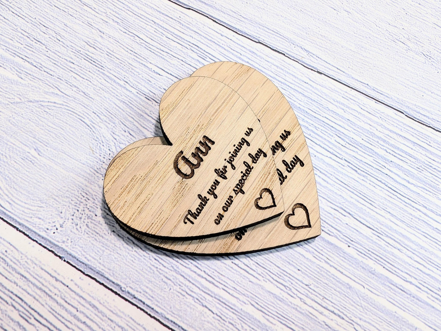 Wooden Heart Shaped Wedding Favours | 2 Sizes | Personalised Place Names | Custom Guest Name, Date | Eco-Friendly Oak Veneer Wood Keepsakes