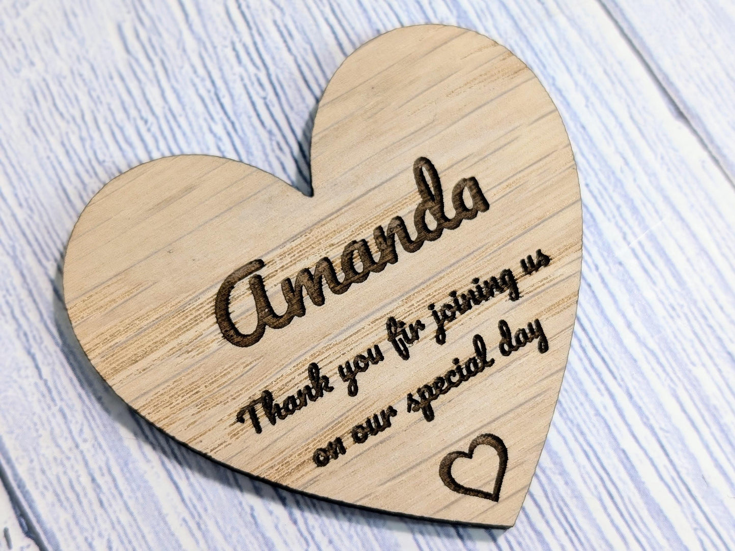 Wooden Heart Shaped Wedding Favours | 2 Sizes | Personalised Place Names | Custom Guest Name, Date | Eco-Friendly Oak Veneer Wood Keepsakes