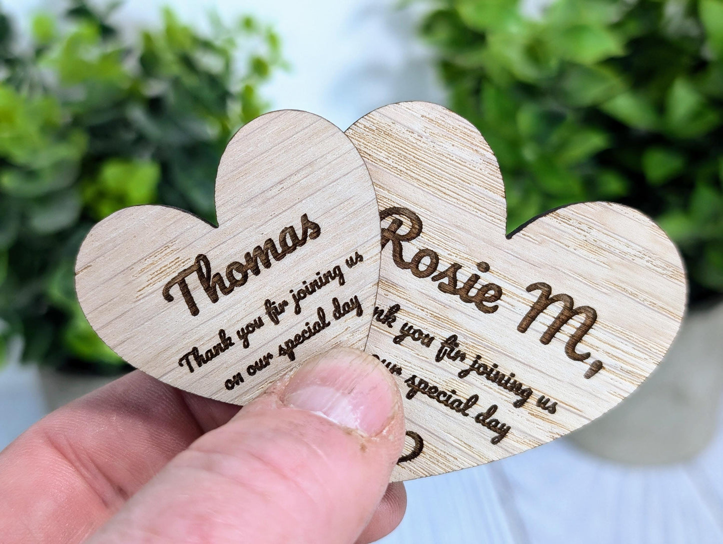 Wooden Heart Shaped Wedding Favours | 2 Sizes | Personalised Place Names | Custom Guest Name, Date | Eco-Friendly Oak Veneer Wood Keepsakes