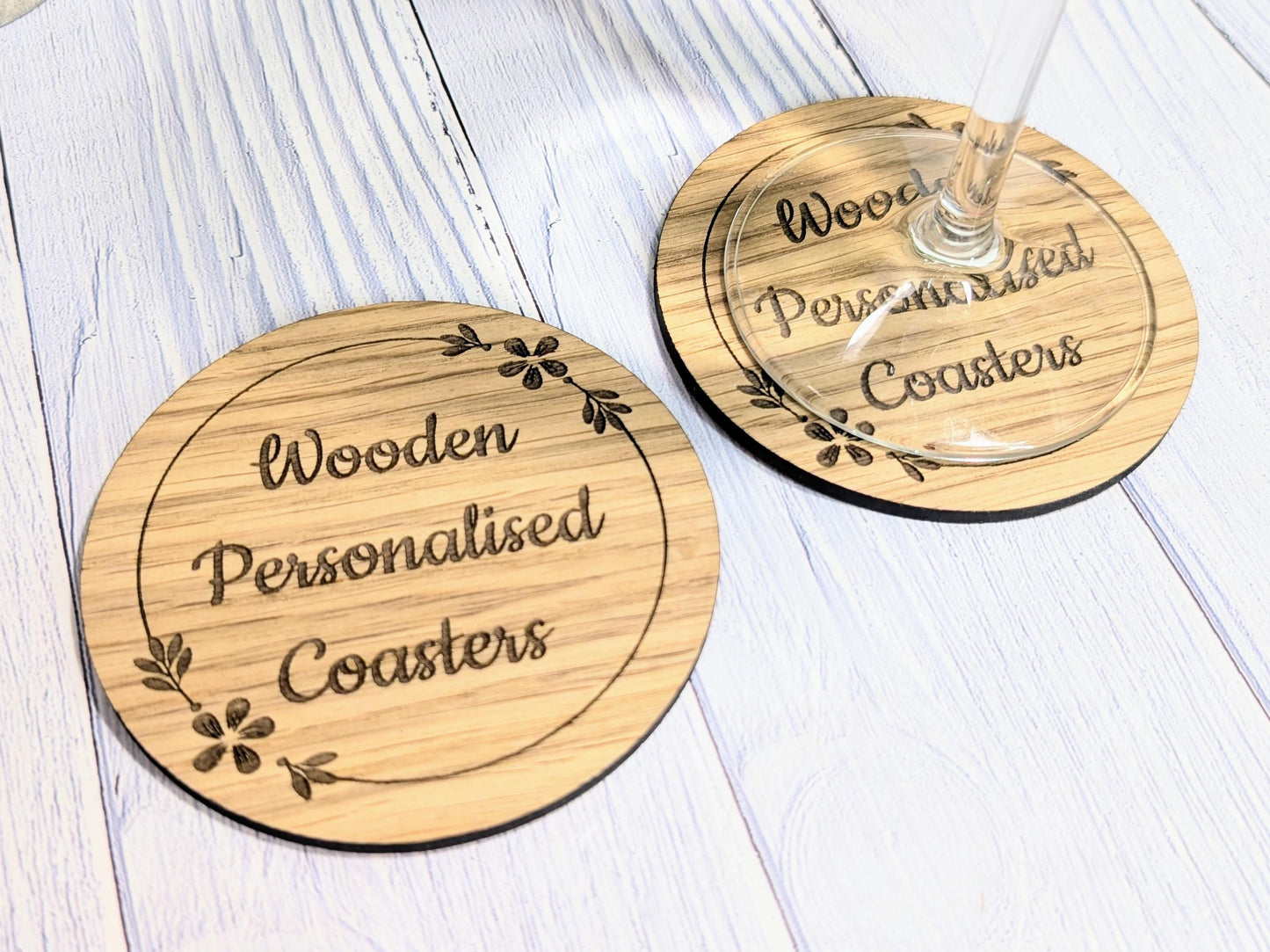 Custom Wooden Coasters – Eco-Friendly Gift, Personalised Text, Engraved Border – Bespoke Sustainable Craft, 100mm Diameter, Coffee & Tea