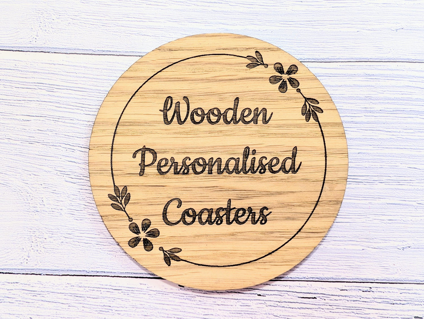 Custom Wooden Coasters – Eco-Friendly Gift, Personalised Text, Engraved Border – Bespoke Sustainable Craft, 100mm Diameter, Coffee & Tea