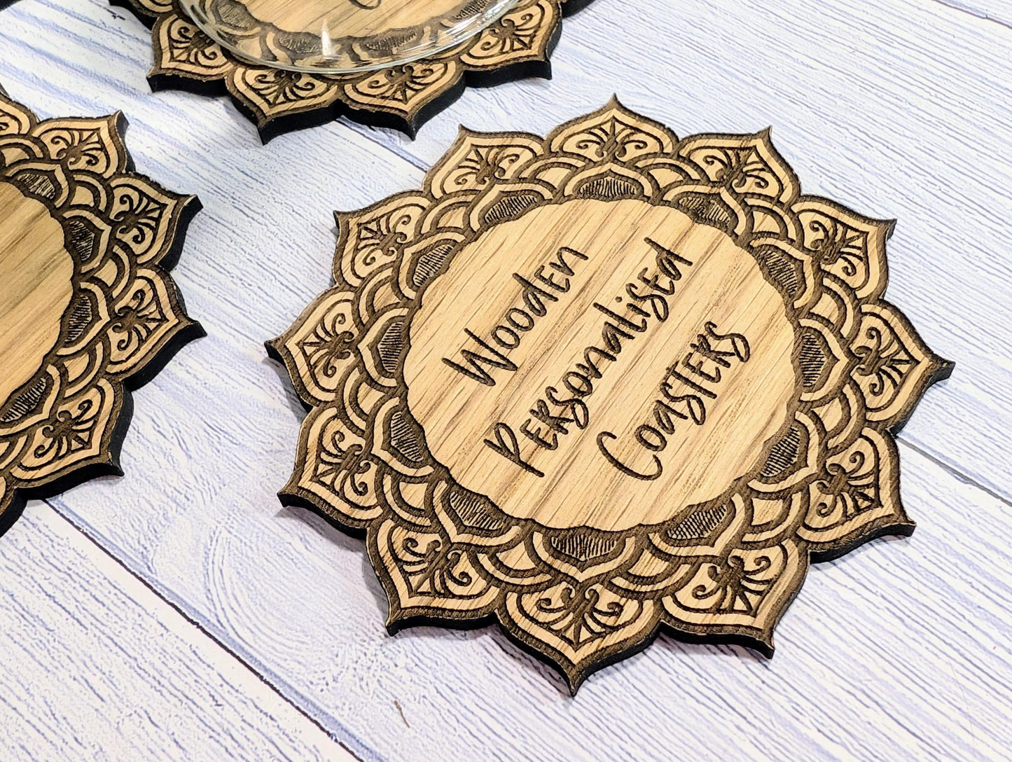 Wooden Coasters - Personalised Text – Eco-Friendly Gift, Custom Message, Engraved Border – Bespoke Sustainable Craft, 110mm Diameter