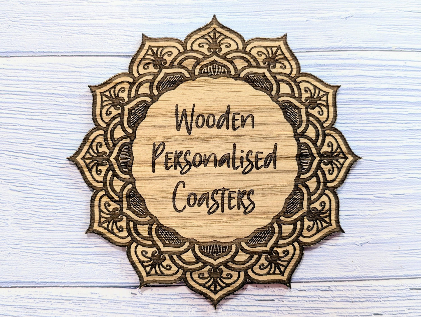 Wooden Coasters - Personalised Text – Eco-Friendly Gift, Custom Message, Engraved Border – Bespoke Sustainable Craft, 110mm Diameter