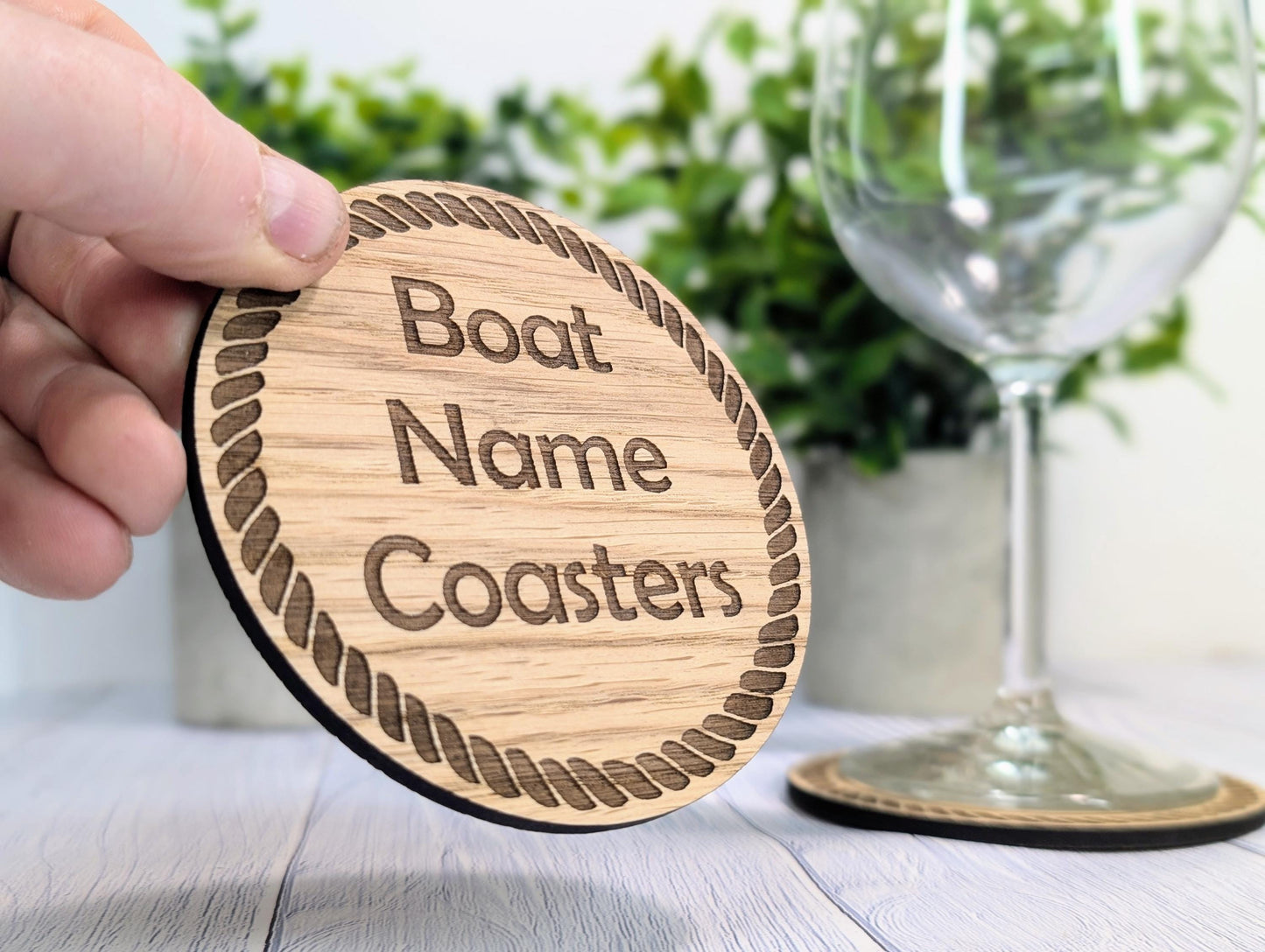 Personalised Oak Coasters with Rope Border – Custom Boat Name, Nautical Gift, Eco-Friendly Gift, Sustainable Craft, Round 100mm Diameter