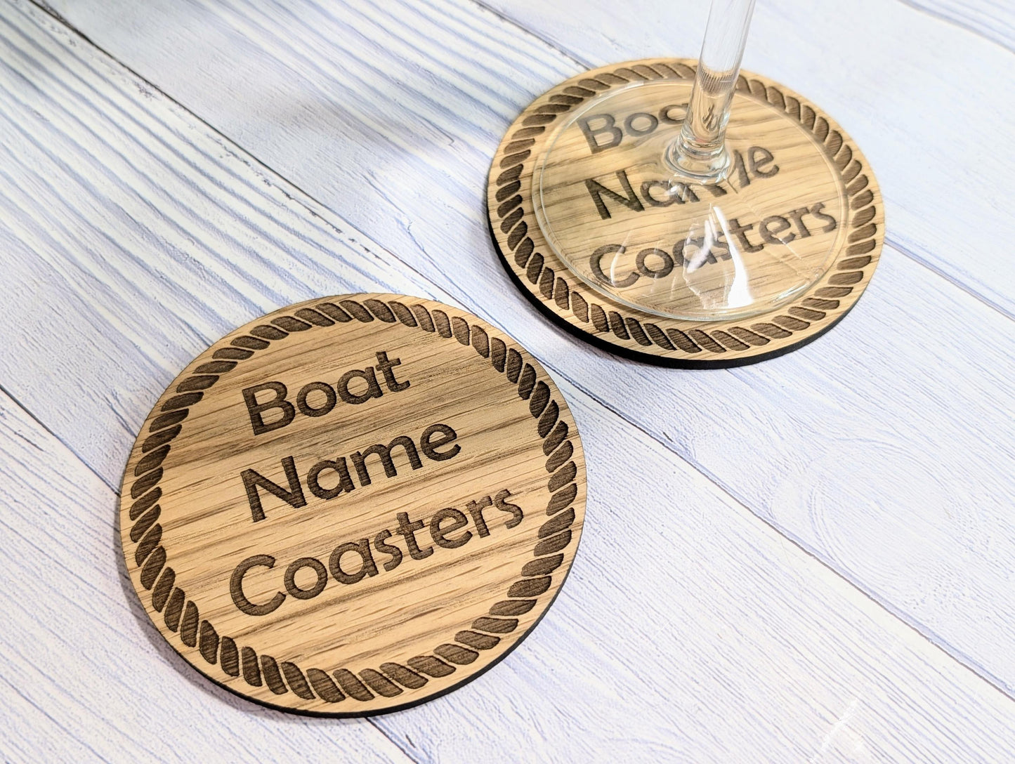 Personalised Oak Coasters with Rope Border – Custom Boat Name, Nautical Gift, Eco-Friendly Gift, Sustainable Craft, Round 100mm Diameter