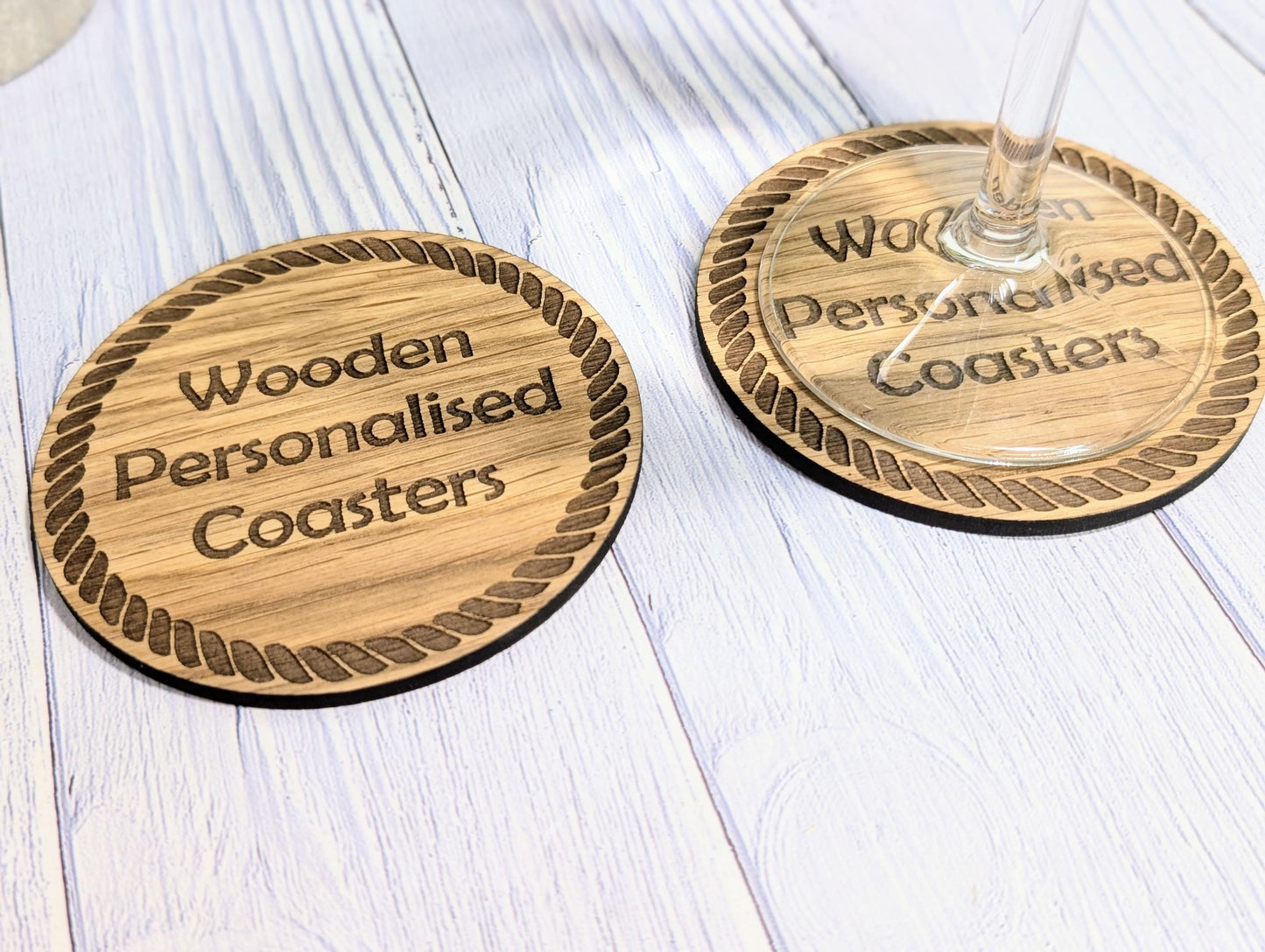 Custom Wood Coasters with Rope Border – Personalised Text, Nautical Gift, Eco-Friendly Boat Gift, Sustainable Craft, Round 100mm Diameter