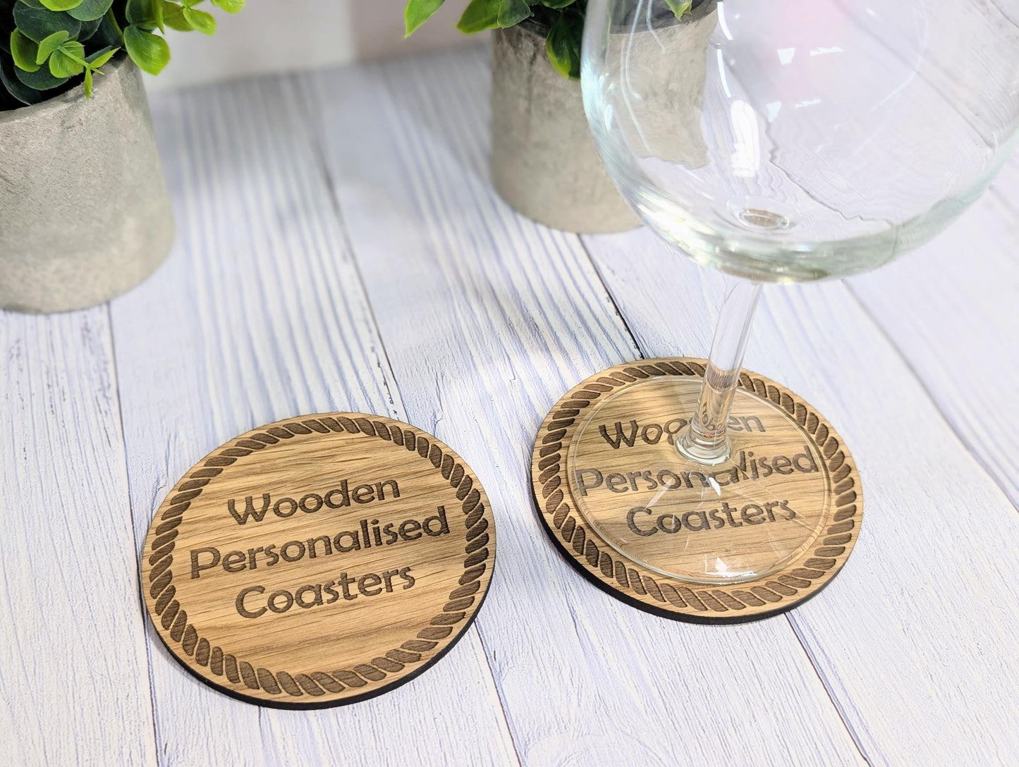 Custom Wood Coasters with Rope Border – Personalised Text, Nautical Gift, Eco-Friendly Boat Gift, Sustainable Craft, Round 100mm Diameter